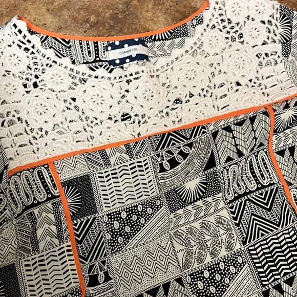 Comme Toi Black and White Patterned Women's Top with Orange Piping - Picture 2 of 4